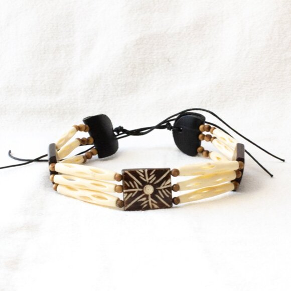 Vgt Native American Hairpipe Tribal Buffalo Bone Choker Necklace Wood & Bead 11" - Picture 9 of 9